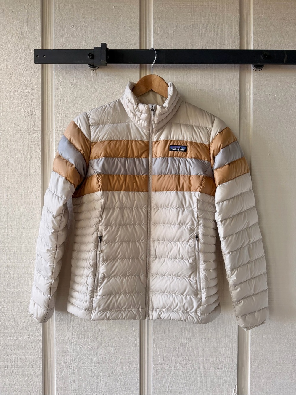 Patagonia Women’s Down Jacket - Cream with Tan & Light Gray Stripes